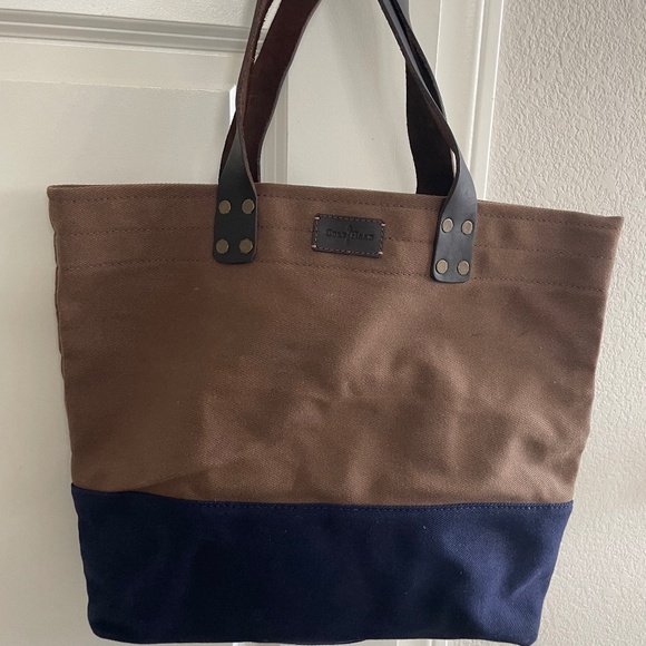 NWOT! COLE HAAN Leather And Canvas Tote Bag Brown Navy - Picture 1 of 7
